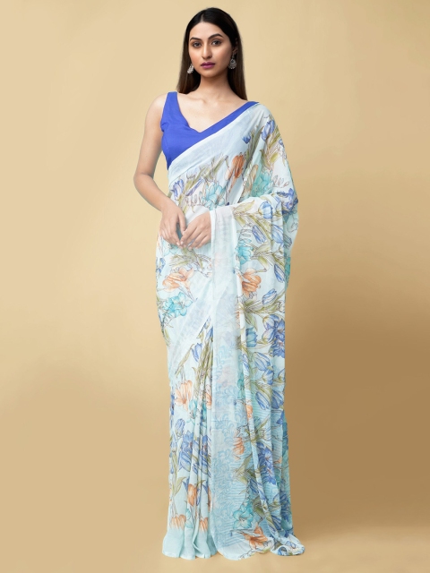 

Unnati Silks Blue & Orange Floral Sustainable Bhagalpuri Saree