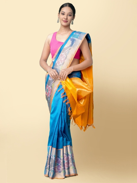 

Unnati Silks Blue & Yellow Woven Design Silk Cotton Sustainable Uppada Saree