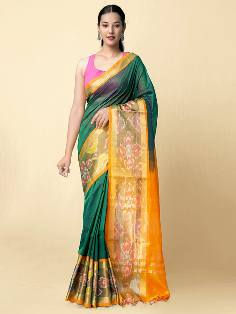

Unnati Silks Green & Yellow Silk Cotton Sustainable Uppada Saree