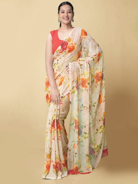 

Unnati Silks Cream-Coloured & Brown Floral Sustainable Bhagalpuri Saree