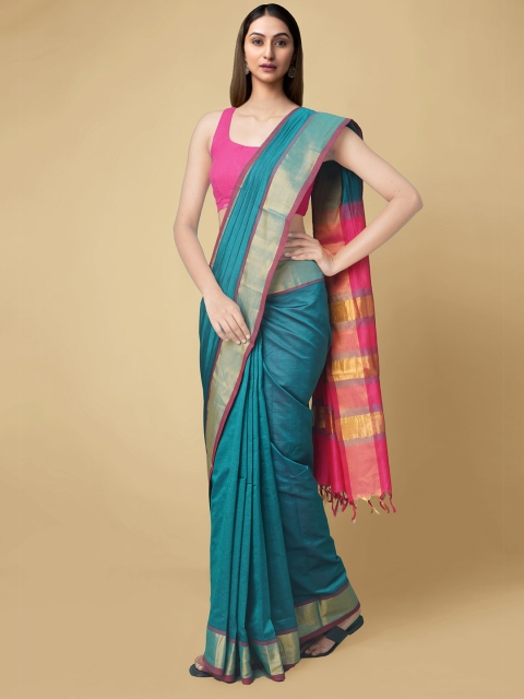 

Unnati Silks Green & Fuchsia Silk Cotton Sustainable Uppada Saree
