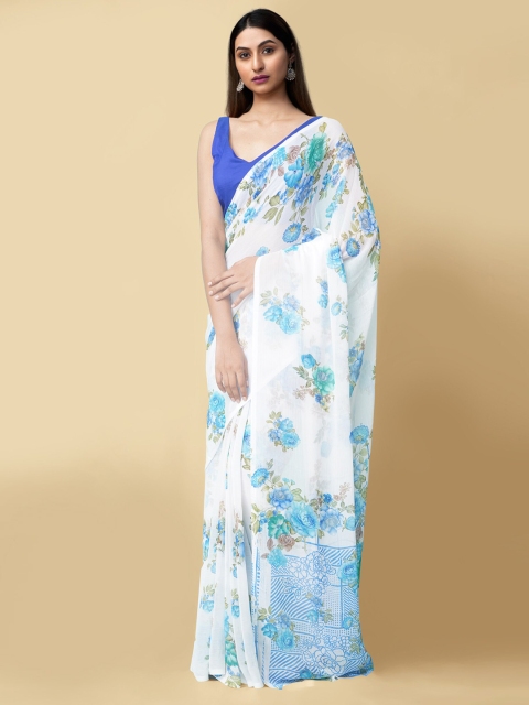 

Unnati Silks White & Blue Floral Sustainable Bhagalpuri Saree