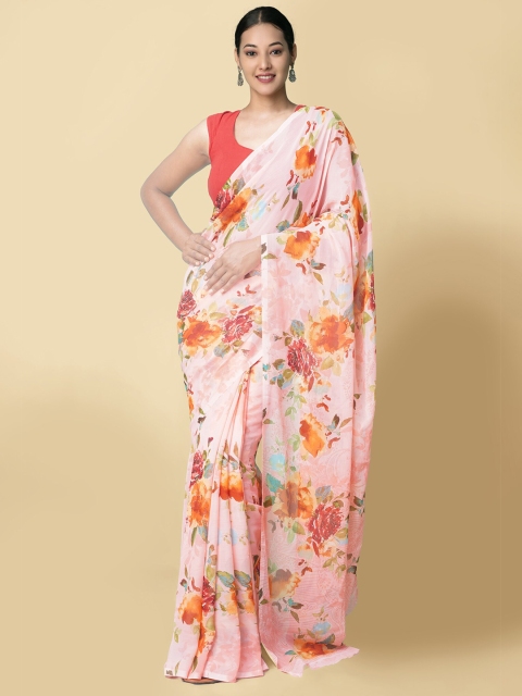 

Unnati Silks Pink & Orange Floral Sustainable Bhagalpuri Saree