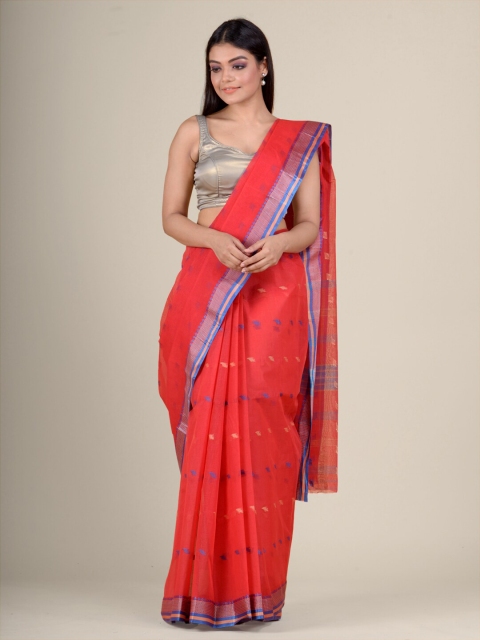 

Charukriti Peach-Coloured & Blue Woven Design Pure Cotton Taant Saree