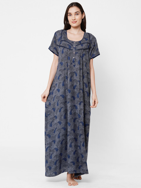 

Sweet Dreams Women Grey & Blue Printed Maxi Nightdress
