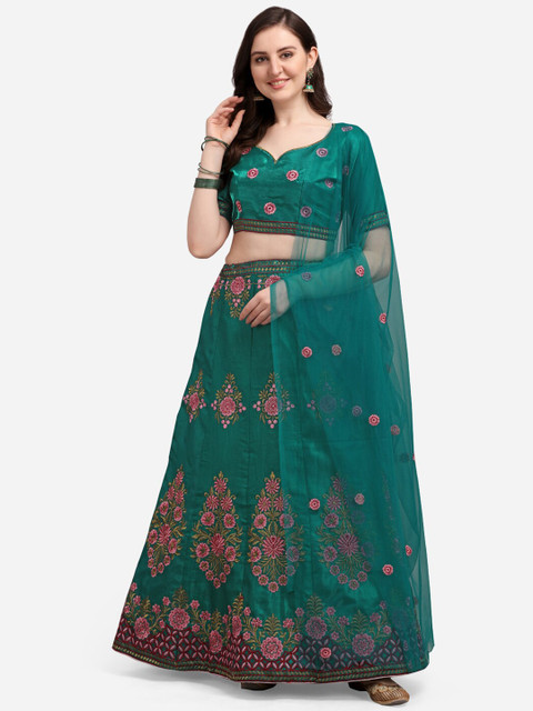 

Satrani Green & Red Embroidered Semi-Stitched Lehenga & Unstitched Blouse With Dupatta