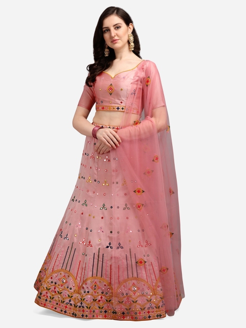 

Satrani Peach-Coloured & Black Semi-Stitched Lehenga & Unstitched Blouse & Dupatta