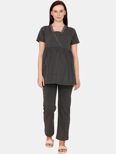 

Zivame Women Grey Solid Maternity Night Suit