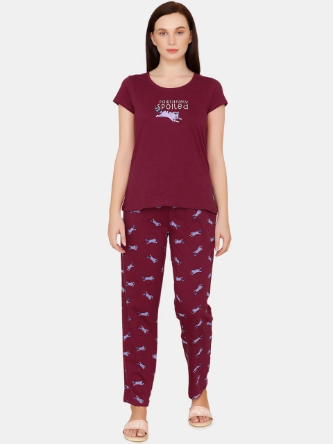 

Zivame Women Maroon Printed Cotton Night Suit Set