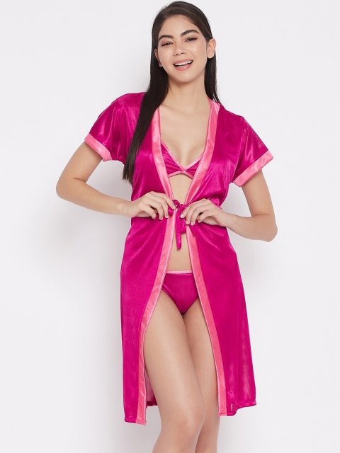 

SECRETS BY ZEROKAATA Women Magenta-Pink Solid Satin Robe