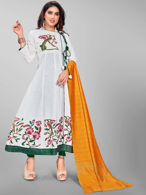 

OM SAI LATEST CREATION Women White Floral Yoke Design Flared Sleeves Thread Work Anarkali Kurta