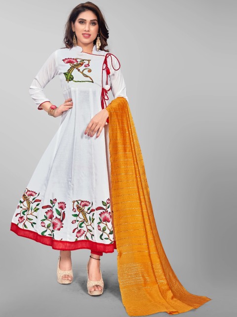

OM SAI LATEST CREATION Women White Floral Printed Flared Sleeves Gotta Patti Anarkali Kurta