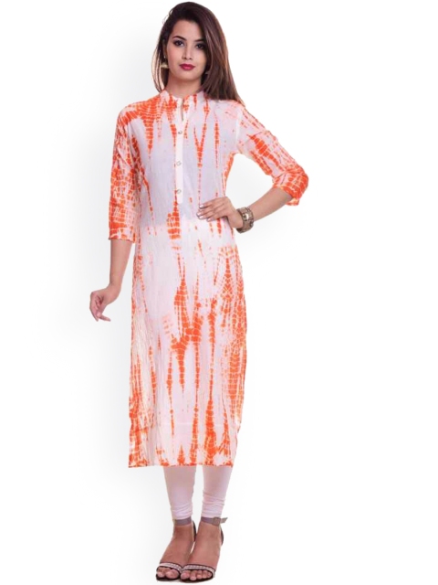 PNEHA Women White & Orange Floral Dyed Kurta