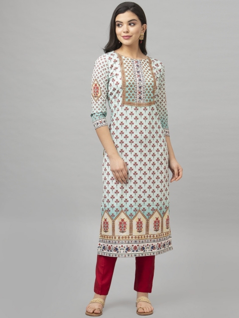 

SANISA Women Sea Green & Pink Floral Printed Crepe Kurta