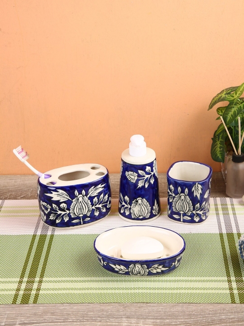 

Aapno Rajasthan Set Of 4 Blue & White Handcrafted Blue Pottery Ceramic Bath Set