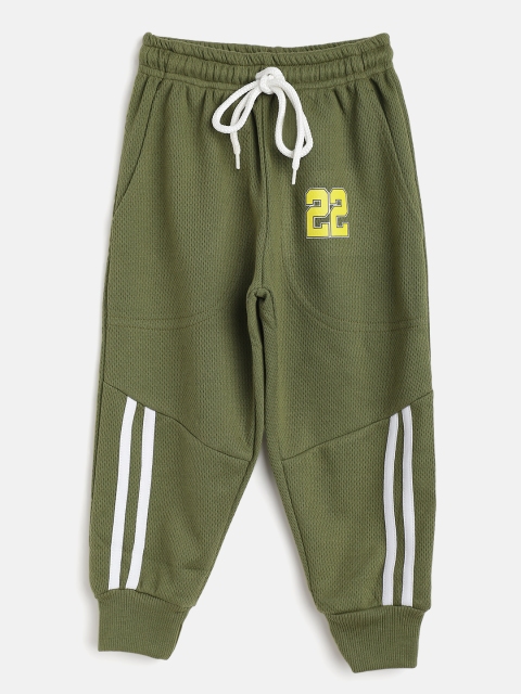 

GAME BEGINS Boys Olive Green Textured Cotton Joggers with Striped Detail