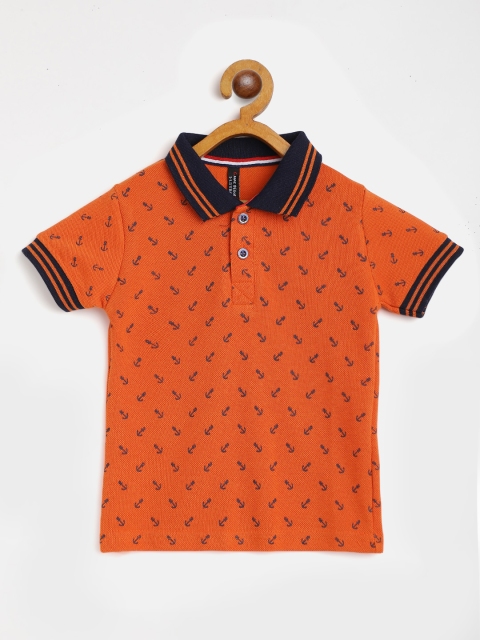 

GAME BEGINS Boys Orange & Navy Blue Cotton Anchor Print Polo Collar T-shirt
