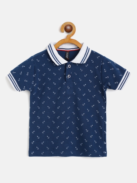 

GAME BEGINS Boys Navy Blue & White Cotton Anchor Print Polo Collar T-shirt