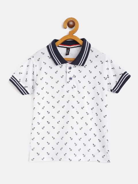

GAME BEGINS Boys White & Navy Blue Cotton Anchor Print Polo Collar T-shirt