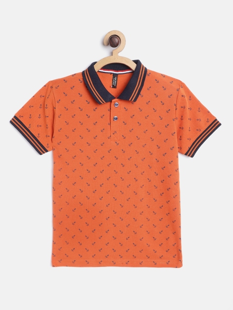 

GAME BEGINS Boys Orange & Navy Blue Cotton Nautical Print Polo Collar T-shirt