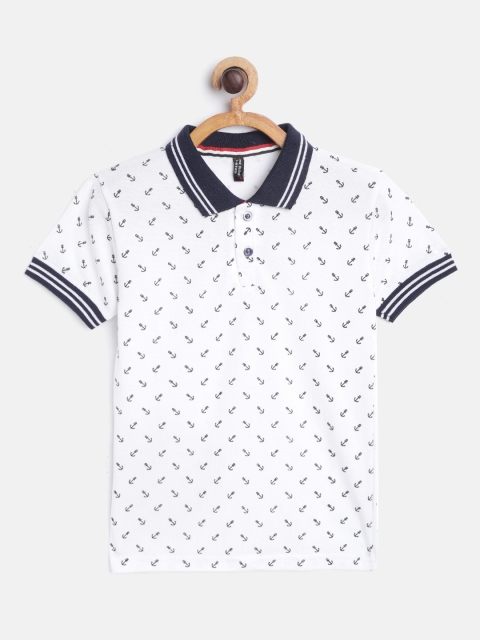 

GAME BEGINS Boys White & Black Cotton Nautical Print Polo Collar T-shirt