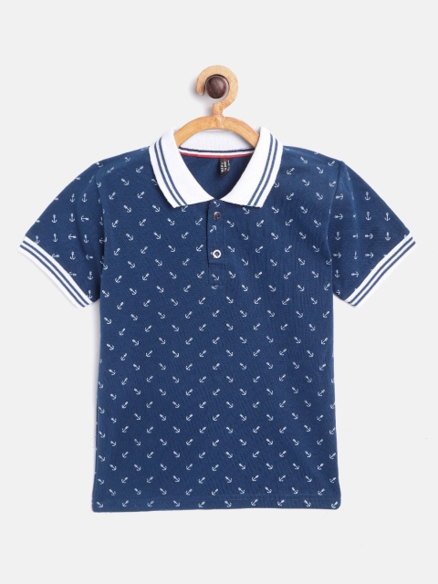 

GAME BEGINS Boys Navy Blue & White Cotton Nautical Print Polo Collar T-shirt