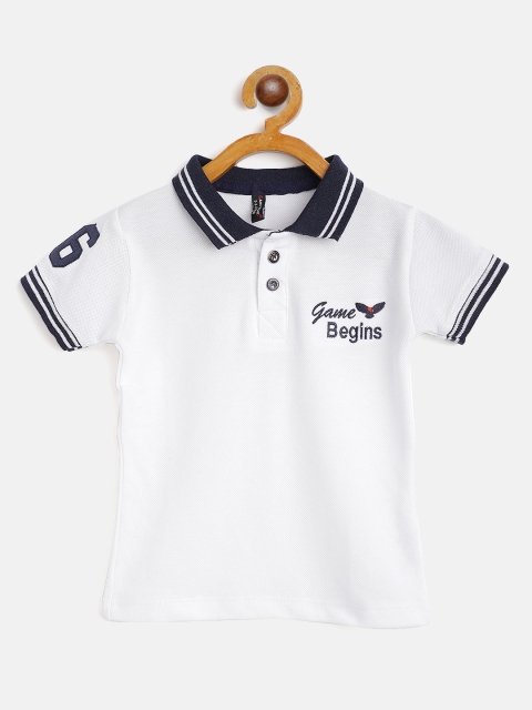 

GAME BEGINS Boys White & Navy Blue Solid Cotton Polo Collar T-shirt