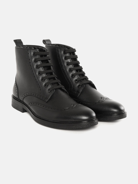 

Roadster Men Black Solid Mid-Top Flat Boots with Brogues Detail