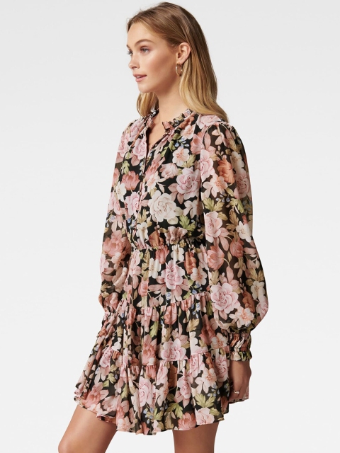 

Forever New Black & Peach-Coloured Floral Printed Tiered Shirt Dress