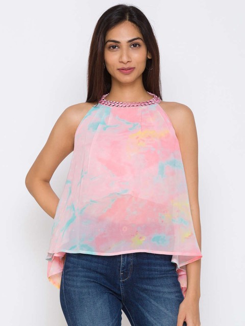

ZOLA Pink Chiffon A-Line Embellished Halter Neck Top