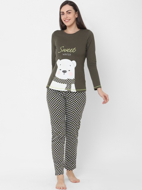

Sweet Dreams Women Olive Green & White Printed Night suit