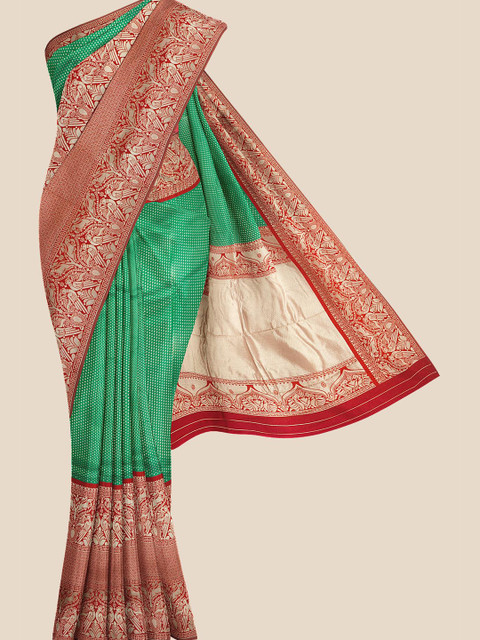 

KLM Fashion Mall Green & Red Silk Blend Banarasi Saree