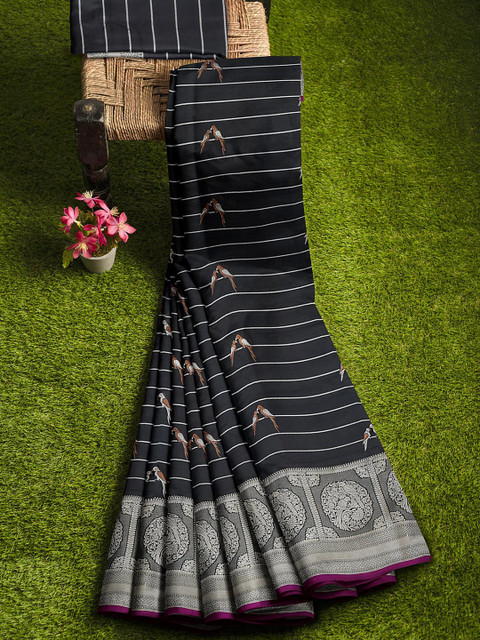 

KLM Fashion Mall Black & White Striped Pure Silk Banarasi Saree
