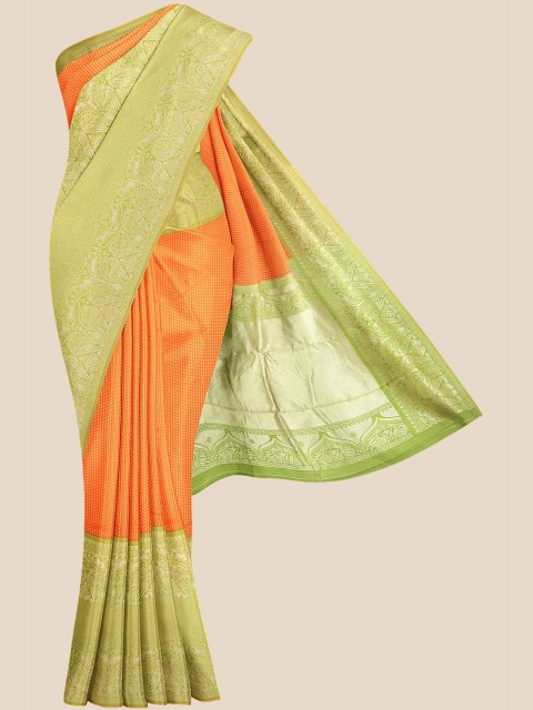 

KLM Fashion Mall Orange & Green Silk Blend Banarasi Saree