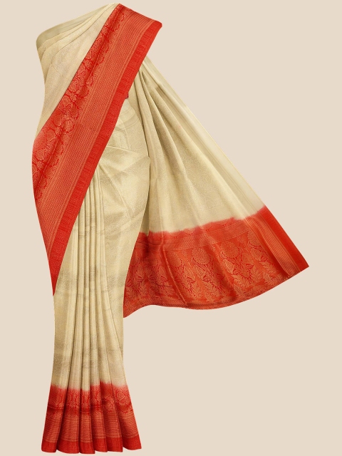 

KLM Fashion Mall Cream-Coloured & Red Woven Design Silk Blend Banarasi Saree