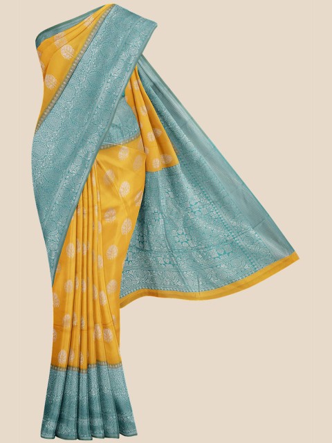 

KLM Fashion Mall Yellow & Blue Woven Design Silk Blend Banarasi Saree