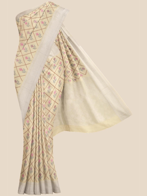 

KLM Fashion Mall Cream-Coloured & Pink Silk Blend Banarasi Saree