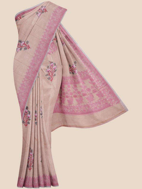 

KLM Fashion Mall Beige & Pink Floral Embroidered Silk Blend Banarasi Saree