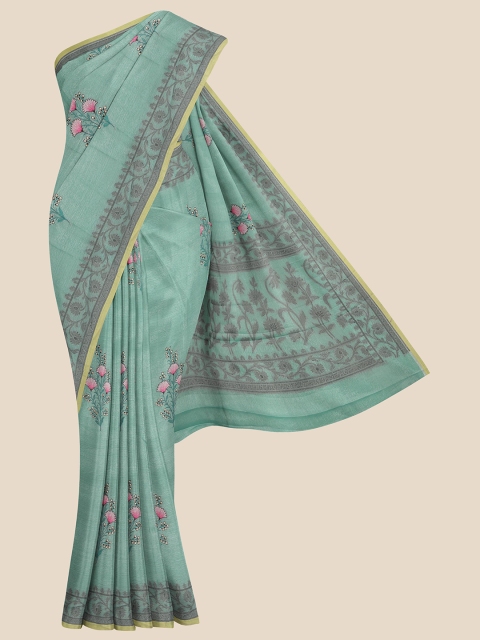 

KLM Fashion Mall Green & Pink Floral Embroidered Silk Blend Banarasi Saree