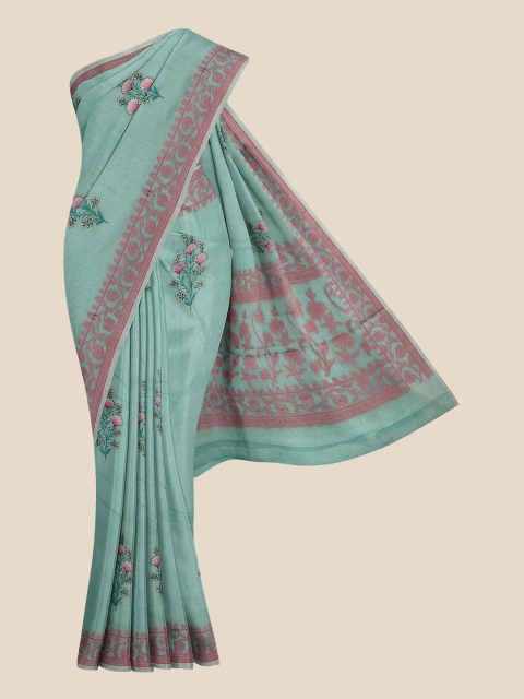 

KLM Fashion Mall Green & Pink Floral Embroidered Silk Blend Banarasi Saree