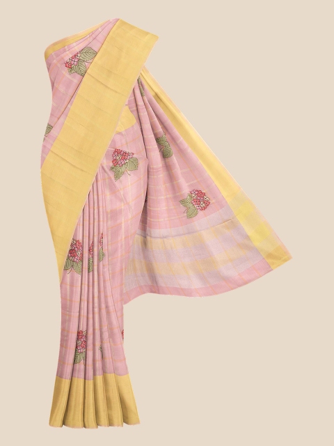

KLM Fashion Mall Pink & Yellow Floral Embroidered Silk Blend Banarasi Saree