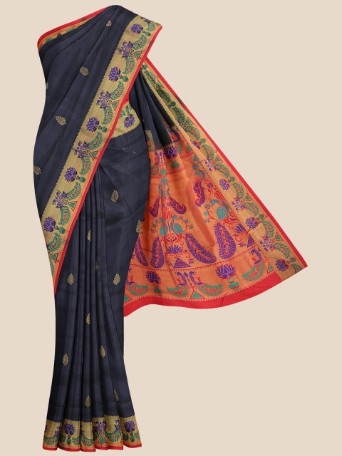 

KLM Fashion Mall Navy Blue & Red Ethnic Motifs Zari Silk Blend Banarasi Saree