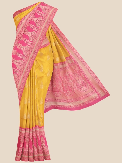 

KLM Fashion Mall Yellow & Pink Ethnic Motifs Zari Silk Blend Banarasi Saree