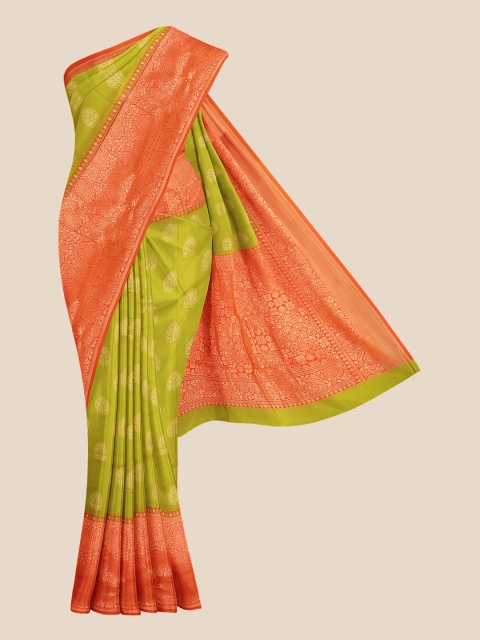 

KLM Fashion Mall Green & Orange Floral Silk Blend Banarasi Saree