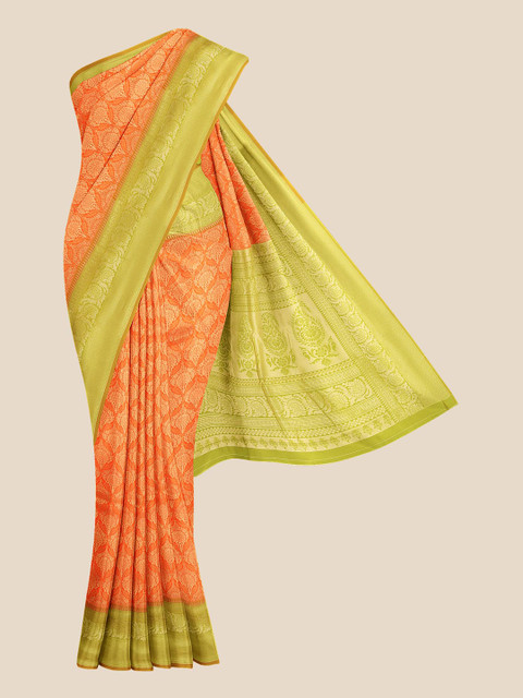 

KLM Fashion Mall Orange & Green Floral Zari Silk Blend Banarasi Saree