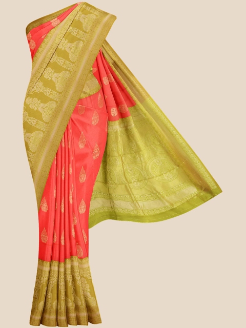 

KLM Fashion Mall Pink & Green Ethnic Motifs Zari Silk Blend Banarasi Saree