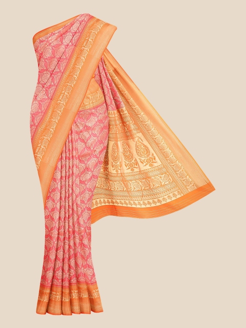 

KLM Fashion Mall Pink & Orange Floral Zari Silk Blend Banarasi Saree