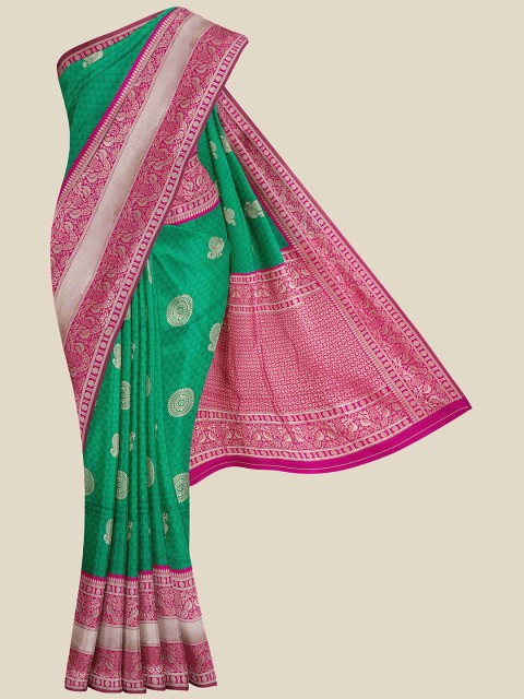 

KLM Fashion Mall Green & Magenta Floral Zari Silk Blend Banarasi Saree
