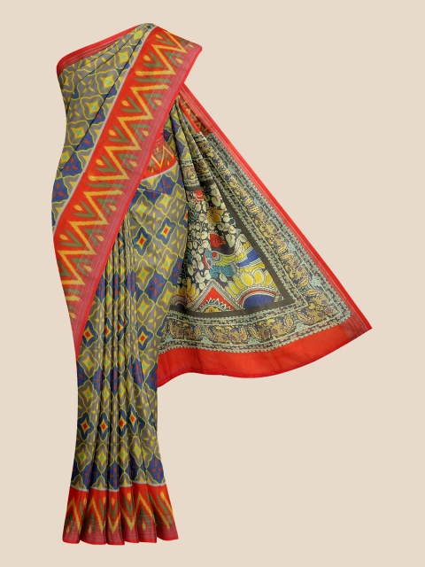 

KLM Fashion Mall Grey & Red Kalamkari Zari Banarasi Saree