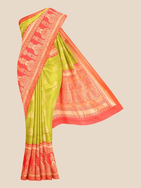 

KLM Fashion Mall Green & Orange Ethnic Motifs Zari Silk Blend Banarasi Saree